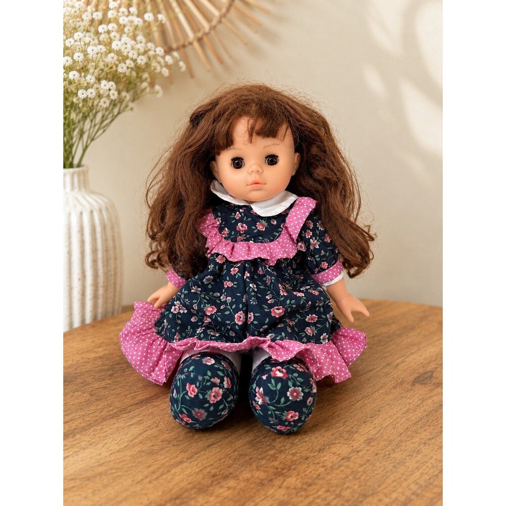 Vintage Brunette Girl Doll Floral Dress Brown Eyes Soft Body Collectible Toy